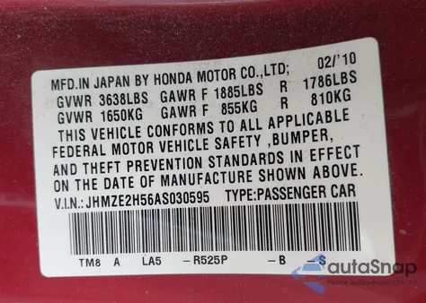 2010 Honda Insight Lx from USA, damaged, VIN JHMZE2H56AS030595